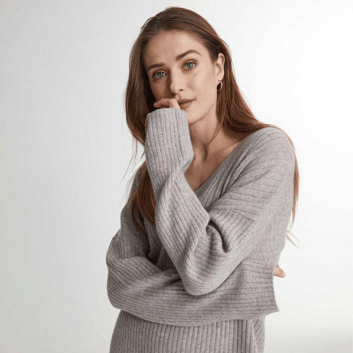 Rib V-neck Straight Sweater - Cashmere